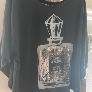 Black Top Bat Sleeve with Embellished Sequin Perfume Bottle Graphic NWT Size XXL